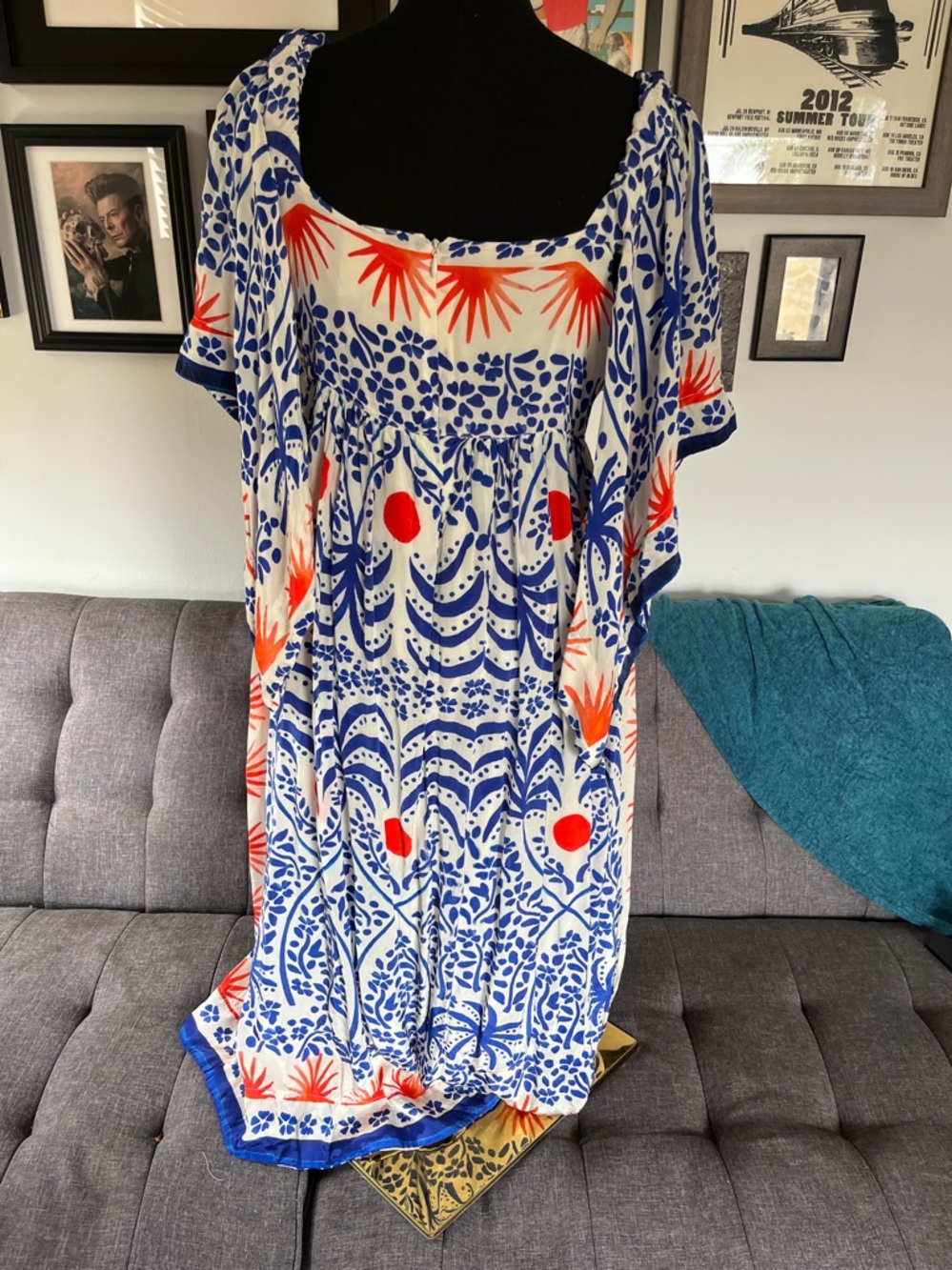 Farm Rio "Breeze" Blue & White Floral Maxi Dress with Orange Accents Size Medium - Picture 9 of 13